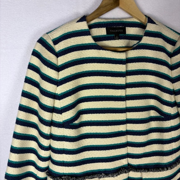 Talbots Cream Navy Cotton Blend Striped Blazer Jacket Nautical Preppy - Picture 2 of 8